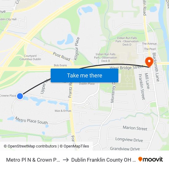 Metro Pl N & Crown Plaza to Dublin Franklin County OH USA map