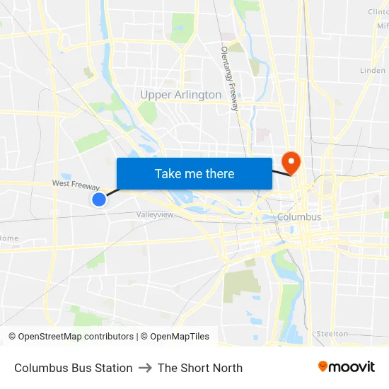 Columbus Bus Station to The Short North map