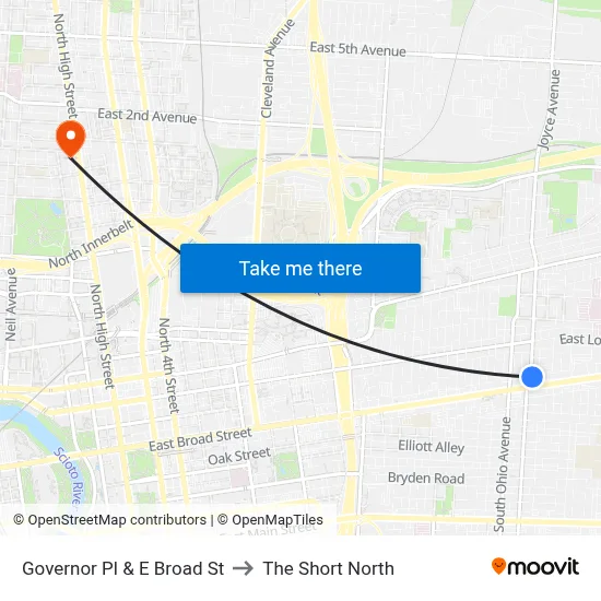 Governor Pl & E Broad St to The Short North map