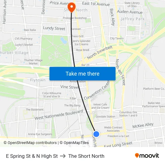 E Spring St & N High St to The Short North map