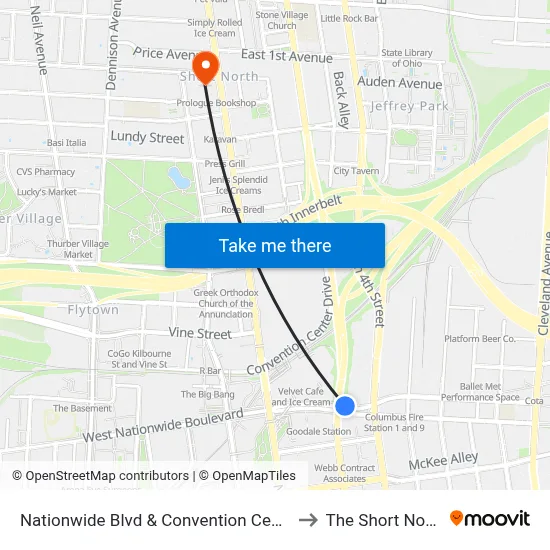 Nationwide Blvd & Convention Center to The Short North map