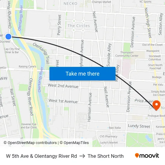 W 5th Ave & Olentangy River Rd to The Short North map