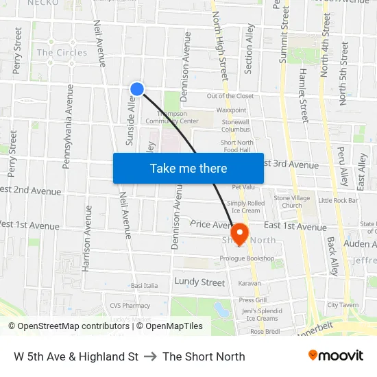 W 5th Ave & Highland St to The Short North map