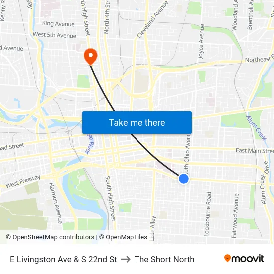 E Livingston Ave & S 22nd St to The Short North map