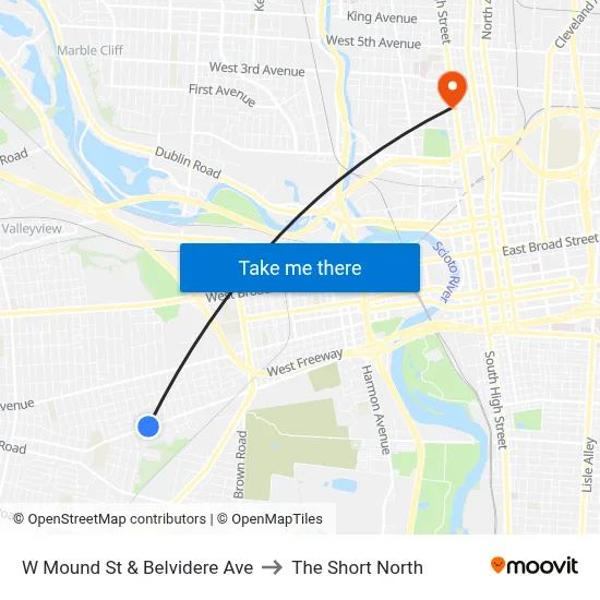 W Mound St & Belvidere Ave to The Short North map