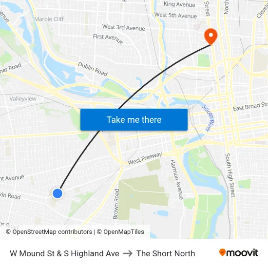 W Mound St & S Highland Ave to The Short North map