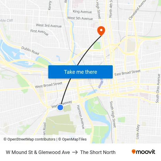 W Mound St & Glenwood Ave to The Short North map