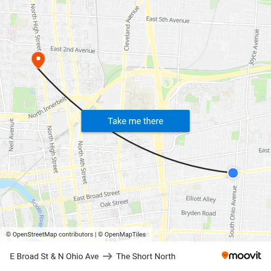 E Broad St & N Ohio Ave to The Short North map