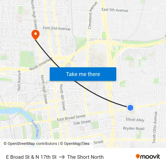 E Broad St & N 17th St to The Short North map