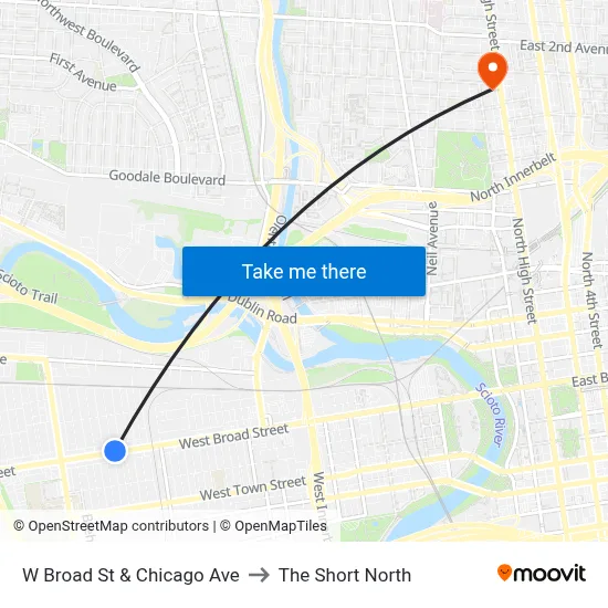 W Broad St & Chicago Ave to The Short North map