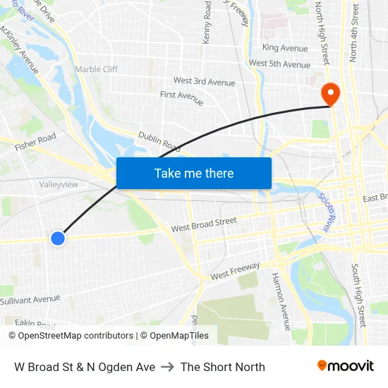 W Broad St & N Ogden Ave to The Short North map