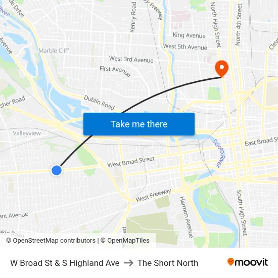 W Broad St & S Highland Ave to The Short North map