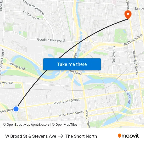 W Broad St & Stevens Ave to The Short North map