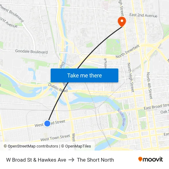 W Broad St & Hawkes Ave to The Short North map