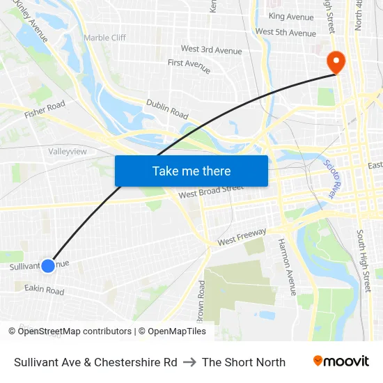 Sullivant Ave & Chestershire Rd to The Short North map
