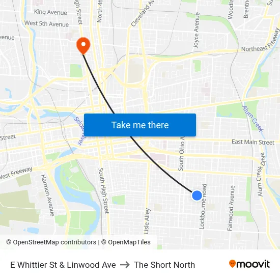 E Whittier St & Linwood Ave to The Short North map