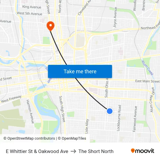 E Whittier St & Oakwood Ave to The Short North map
