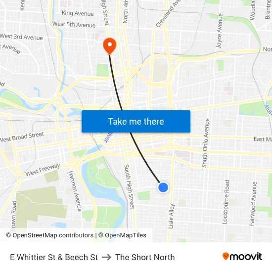 E Whittier St & Beech St to The Short North map