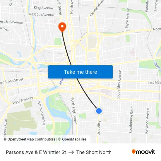 Parsons Ave & E Whittier St to The Short North map