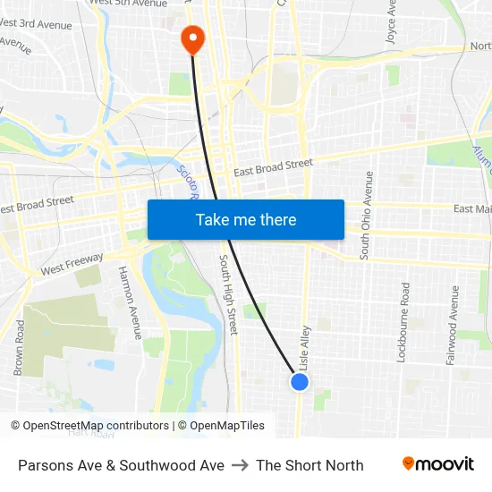 Parsons Ave & Southwood Ave to The Short North map