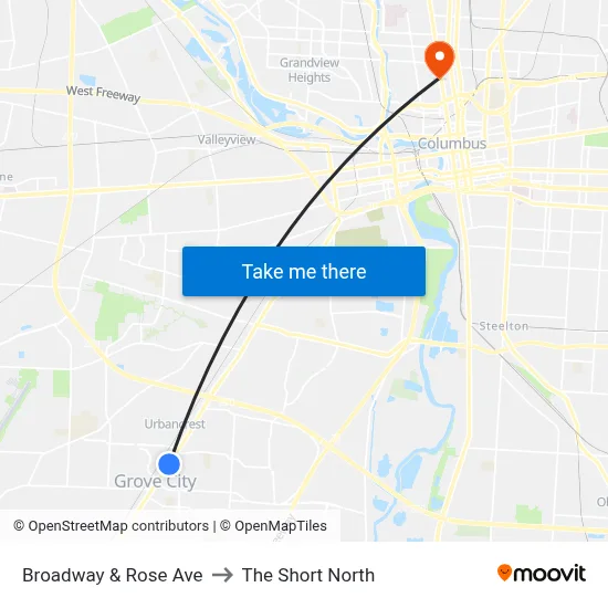 Broadway & Rose Ave to The Short North map