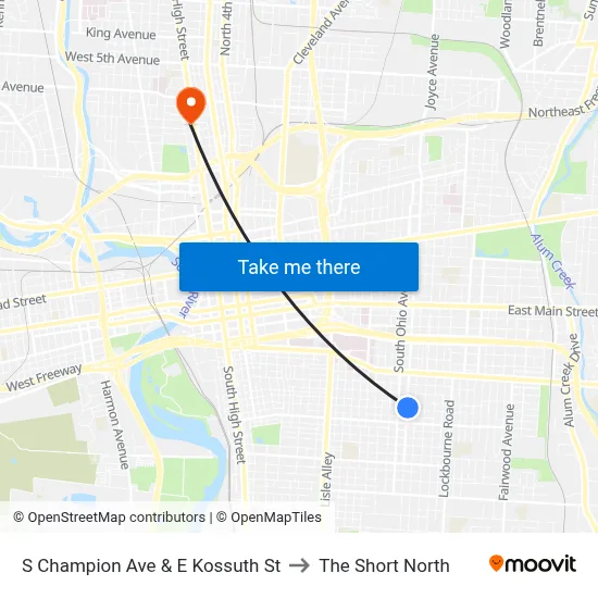 S Champion Ave & E Kossuth St to The Short North map