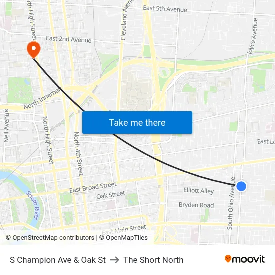 S Champion Ave & Oak St to The Short North map