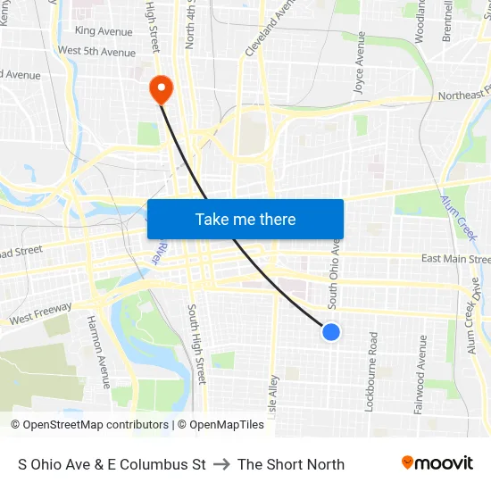 S Ohio Ave & E Columbus St to The Short North map