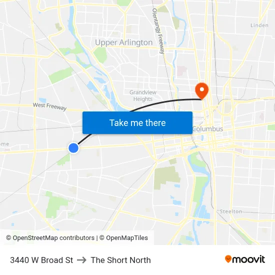 3440 W Broad St to The Short North map