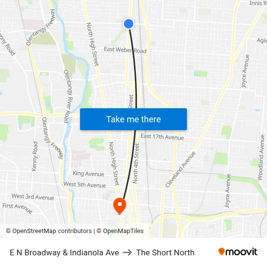 E N Broadway & Indianola Ave to The Short North map