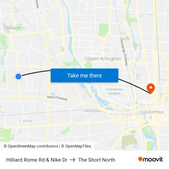 Hilliard Rome Rd & Nike Dr to The Short North map