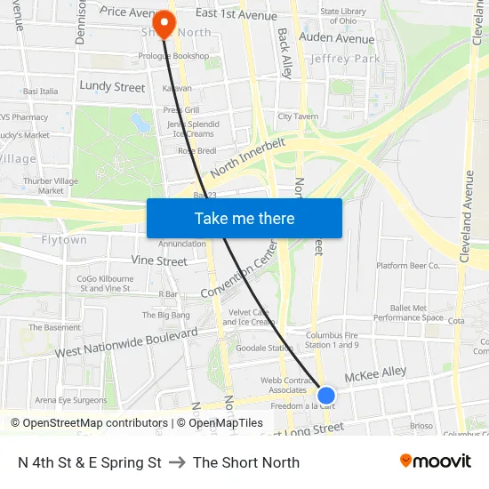 N 4th St & E Spring St to The Short North map