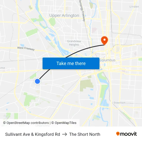 Sullivant Ave & Kingsford Rd to The Short North map