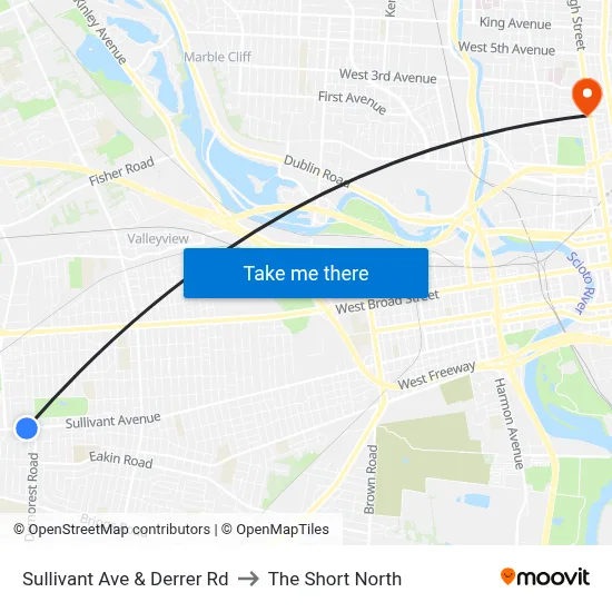 Sullivant Ave & Derrer Rd to The Short North map