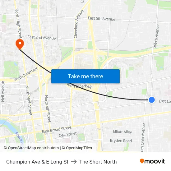 Champion Ave & E Long St to The Short North map