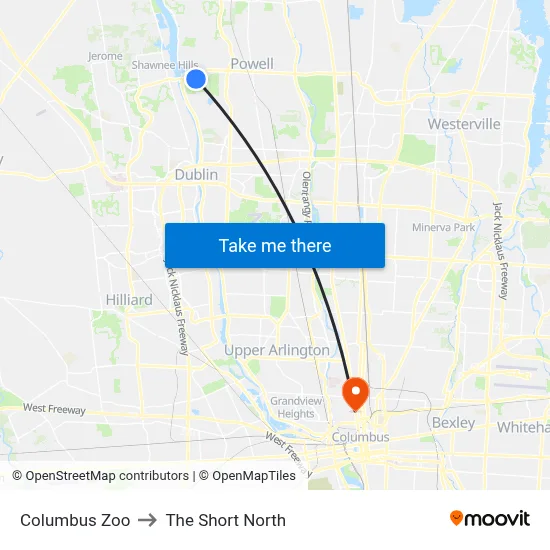 Columbus Zoo to The Short North map