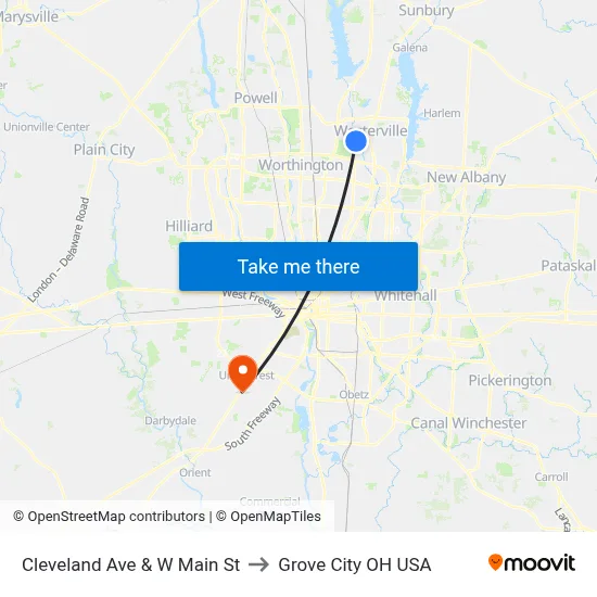 Cleveland Ave & W Main St to Grove City OH USA map