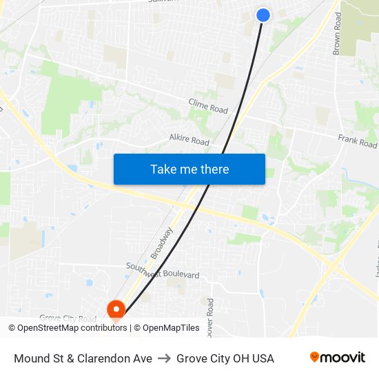 Mound St & Clarendon Ave to Grove City OH USA map