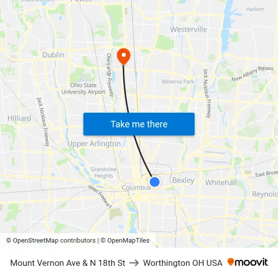 Mount Vernon Ave & N 18th St to Worthington OH USA map