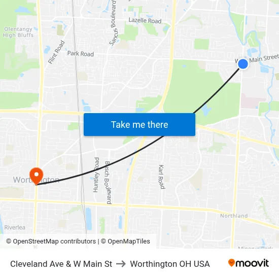 Cleveland Ave & W Main St to Worthington OH USA map