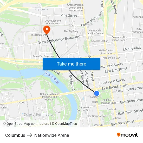 Columbus to Nationwide Arena map