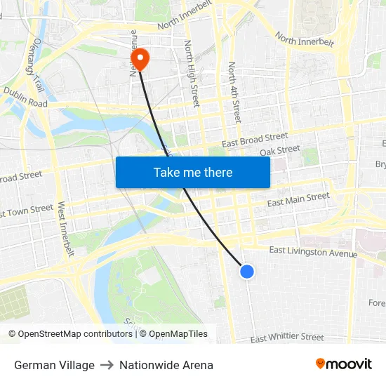 German Village to Nationwide Arena map