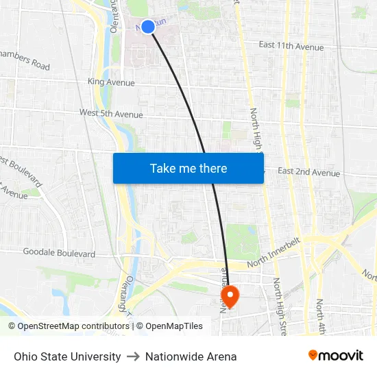 Ohio State University to Nationwide Arena map