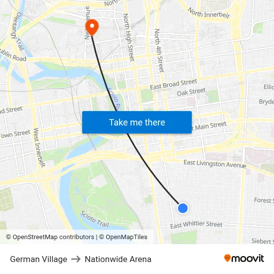 German Village to Nationwide Arena map