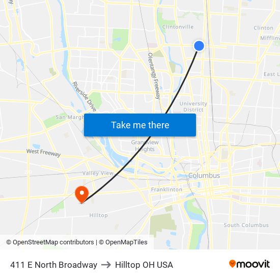 411 E North Broadway to Hilltop OH USA map