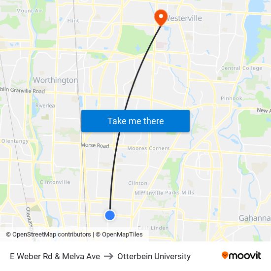 E Weber Rd & Melva Ave to Otterbein University map