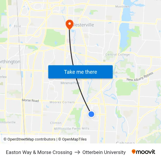 Easton Way & Morse Crossing to Otterbein University map