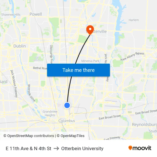 E 11th Ave & N 4th St to Otterbein University map
