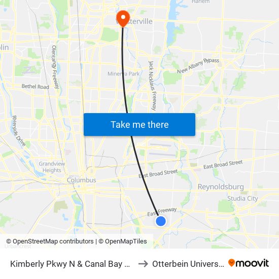 Kimberly Pkwy N & Canal Bay Way to Otterbein University map