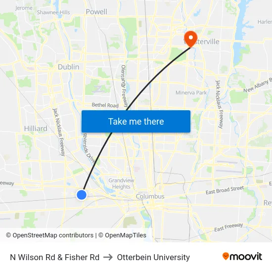 N Wilson Rd & Fisher Rd to Otterbein University map